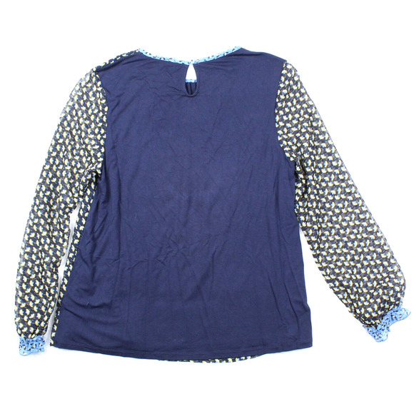 Boden Floral Blouse Womens 8 Navy Yellow Ruffle Sheer Romantic Top Lightweight - Picture 2 of 6